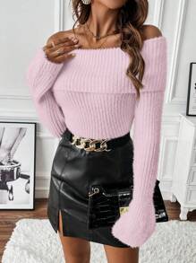 Roamenne Roamenne Women's Off-Shoulder Ribbed Sweater,Long Sleeve Tops Knit Pullover Fall Winter Sweater - Baby Pink - View 3