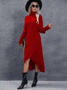 SHEIN Clasi 高領落肩袖毛衣裙,不含腰帶 - 紅色 - 查看 5