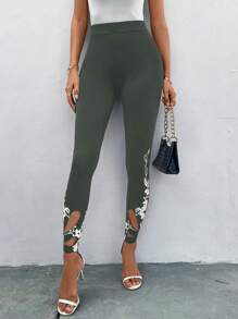 SHEIN Clasi 女士花卉圖案長打底褲 - 軍綠色 - 查看 4