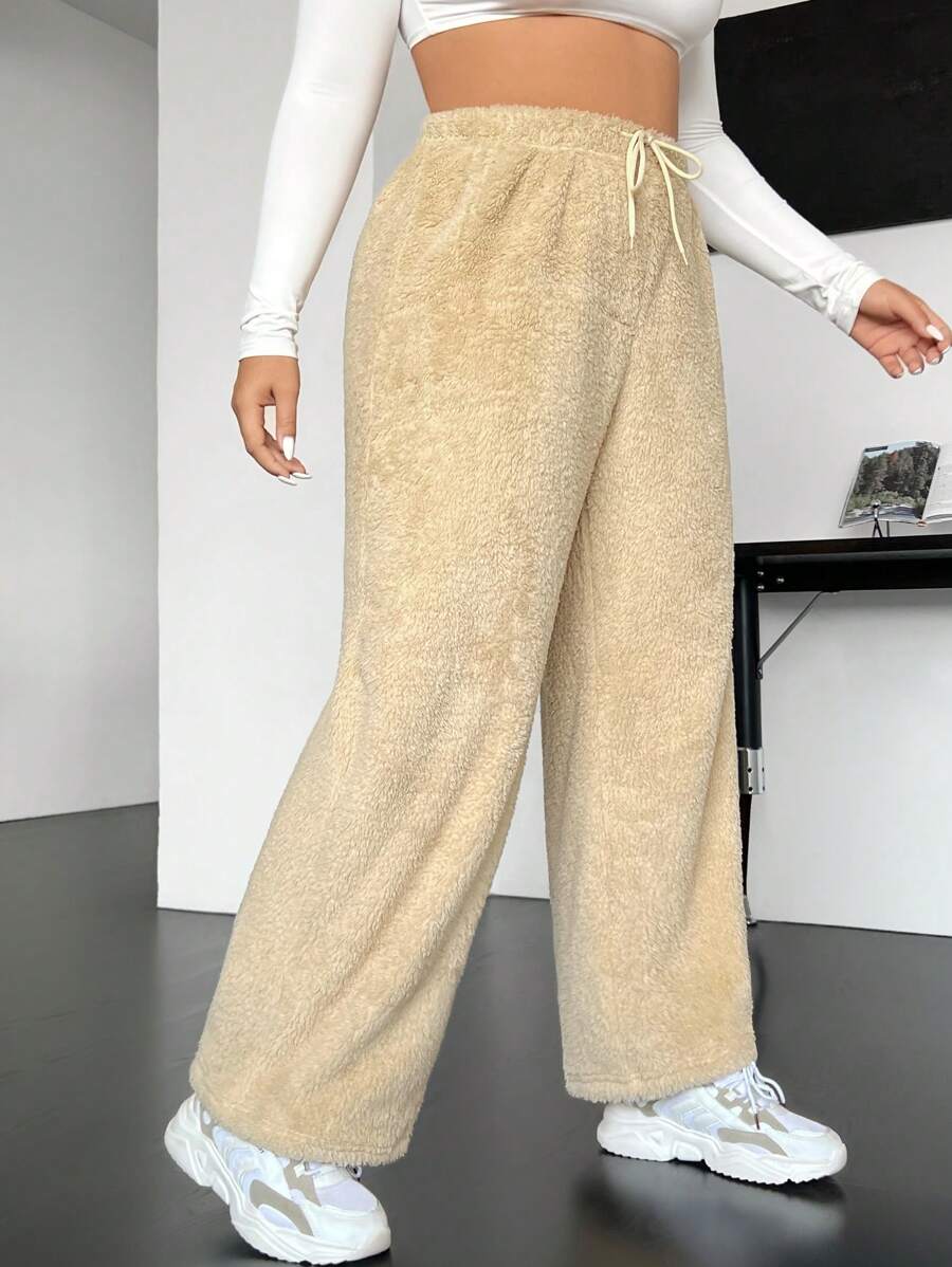 SHEIN EZwear Plus Drawstring Waist Flannel Pants - Khaki - View 1