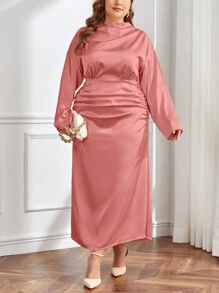 SHEIN Privé Kích thước lớn Của phụ nữ Thanh lịch Xếp li Đầm Chế tạo Của Dệt Chất vải - Hồng - Xem 3