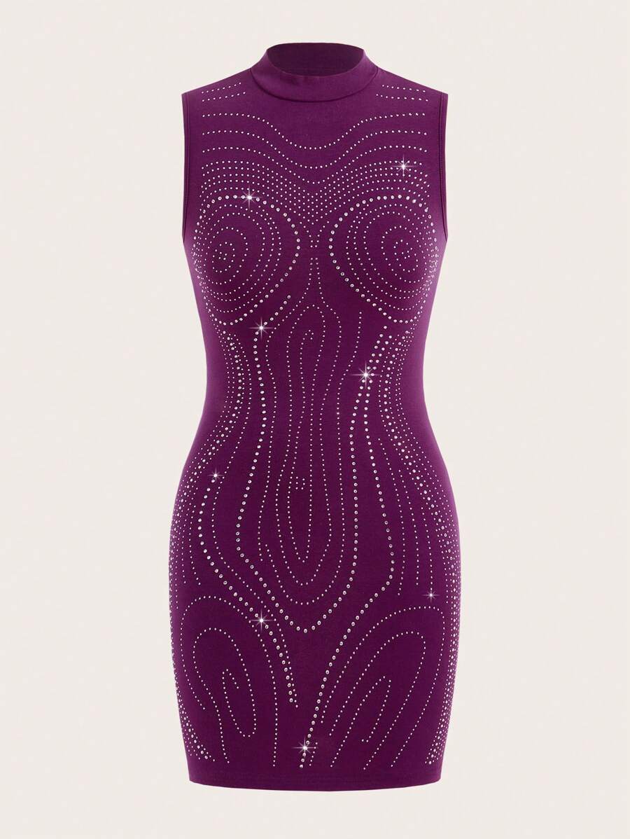 SHEIN ICON Rhinestone Detail Mock Neck Bodycon Dress - Purple - View 1