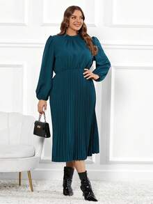 SHEIN Clasi 大尺碼燈籠袖褶邊連衣裙 - 藍色 - 查看 3