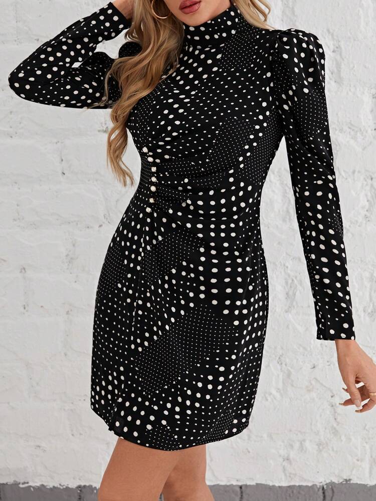 Polka Dot Print Mock Neck Puff Sleeve Ruched Split Hem Dress Winter Elegant Black Evening Dress