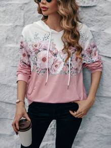 SHEIN LUNE Của phụ nữ Hoa In Áo nỉ có mũ Với dây rút - Hồng - Xem 1