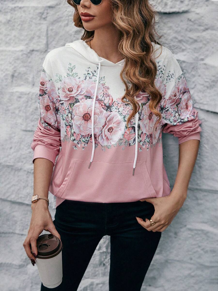 SHEIN LUNE Của phụ nữ Hoa In Áo nỉ có mũ Với dây rút - Hồng - Xem 1