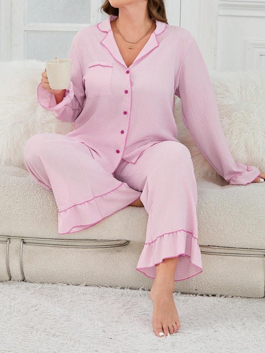 Plus Contrast Piping Flounce Sleeve Ruffle Hem PJ Set / Pajama Set - Pink - View 1