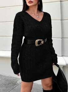 EURMUSE Plus Size Cable Knit Sweater Dress With V-Neckline, For Winter - Black - View 3