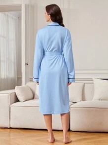 Women's One-piece Home Service Bathrobe With Contrast Trim And Waistband - Blue - View 6