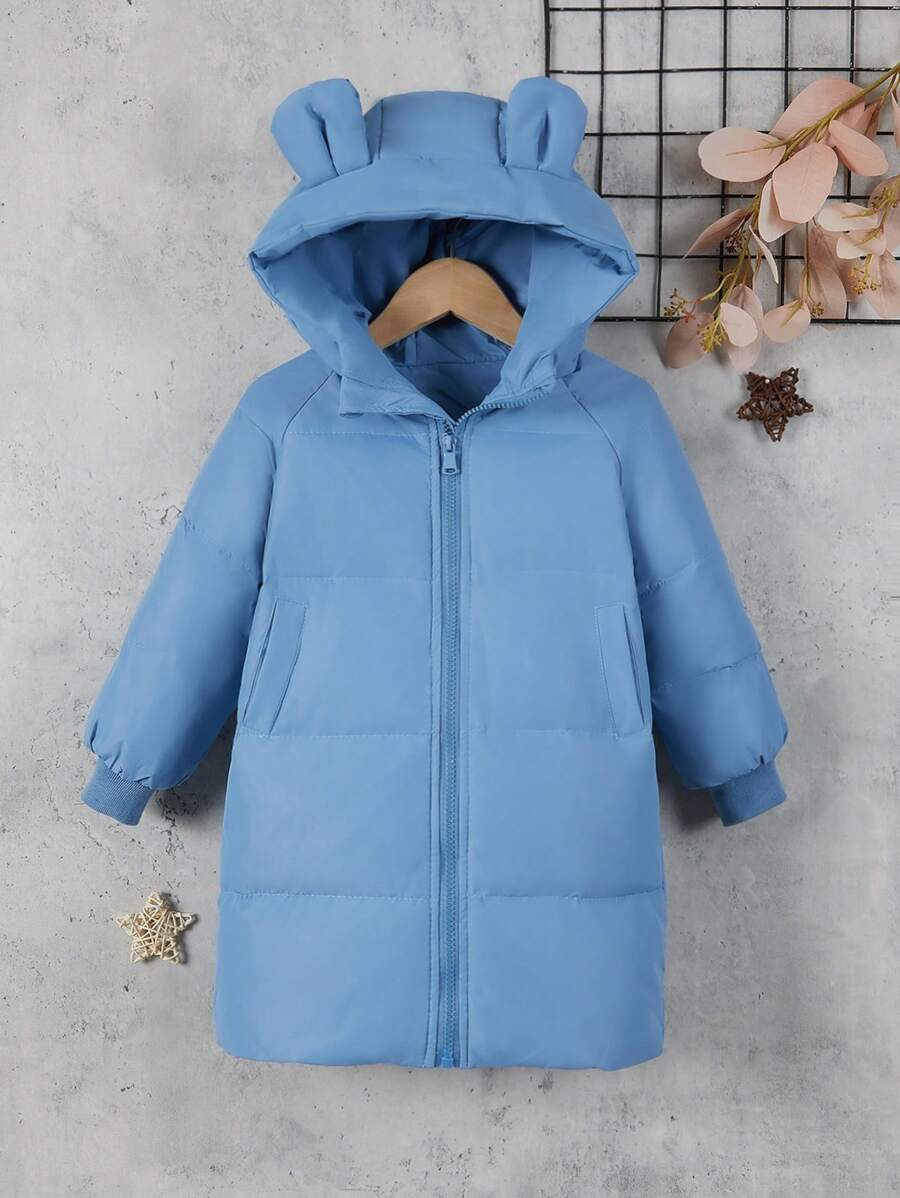 Young Boy 3D Ear Design Hooded Zipper Padded Coat - Blue - View 1