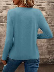 EMERY ROSE Camiseta De Manga Larga Con Cuello De Muesca Profunda Para Mujer - Azul - Ver 2
