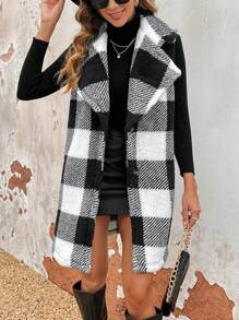 SHEIN Frenchy In kẻ sọc Buffalo Cổ bẻ Teddy Áo vest - Đen và trắng - Xem 1