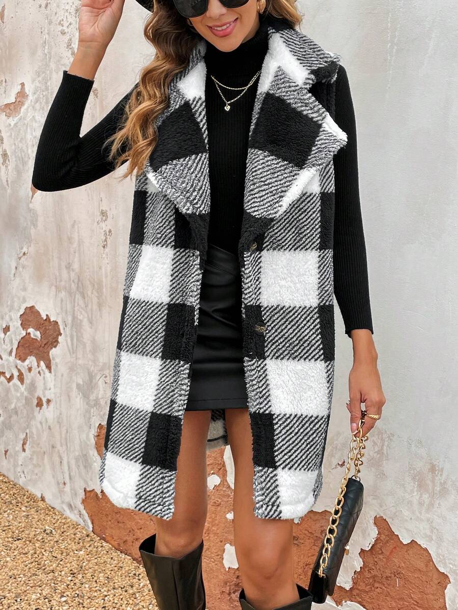 SHEIN Frenchy In kẻ sọc Buffalo Cổ bẻ Teddy Áo vest - Đen và trắng - Xem 1