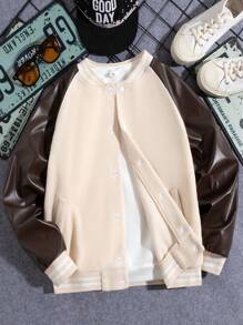 SHEIN Boys' Cool & Stylish Streetwear Contrast Color Baseball Jacket With Shoulder Inserts, Autumn & Winter