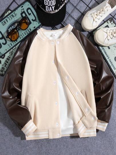 SHEIN Boys' Cool & Stylish Streetwear Contrast Color Baseball Jacket With Shoulder Inserts, Autumn & Winter