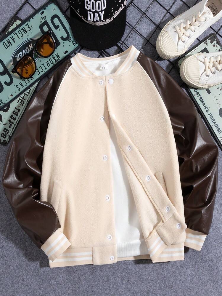 Boys' Cool & Stylish Streetwear Contrast Color Baseball Jacket With Shoulder Inserts, Autumn & Winter