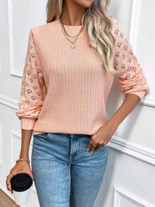 SHEIN Essnce Open Knit Sleeve Sweater - Pink - View 3