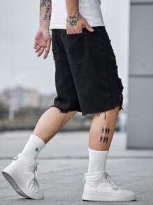 Manfinity EMRG Men Cotton Ripped Raw Hem Denim Shorts Plain Denim Jorts Vacation Baggy Black Denim Shorts, For Husband, Boyfriend Gifts