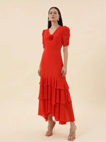 SHEIN Privé 3D Flower Patched Ruched Puff Sleeve Layer Hem Dress Without Belt - Red - View 4