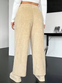 SHEIN EZwear Plus Drawstring Waist Flannel Pants - Khaki - View 2