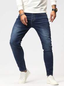 Manfinity Homme Men's Washed Slim-Fit Jeans, Plain Dark Blue Slim Fit Long Dark Wash Jeans Washed Cargo Jeans, For Husband, Boyfriend Gifts - Dark Wash - View 1