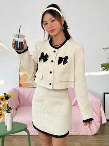 SHEIN MOD 蝴蝶結點綴的短款西裝外套和裙子套裝 - 米色 - 查看 2