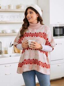 Calvaya Plus 1pc Geo & Elk Pattern Turtleneck Batwing Sleeve Sweater Knit Pullover Fall Winter Sweater - Multicolor - View 3