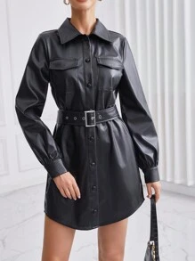 SHEIN Privé Da giả Quay xuống Vòng cổ Nút phía trước Váy có thắt lưng Với túi - màu đen - Xem 1