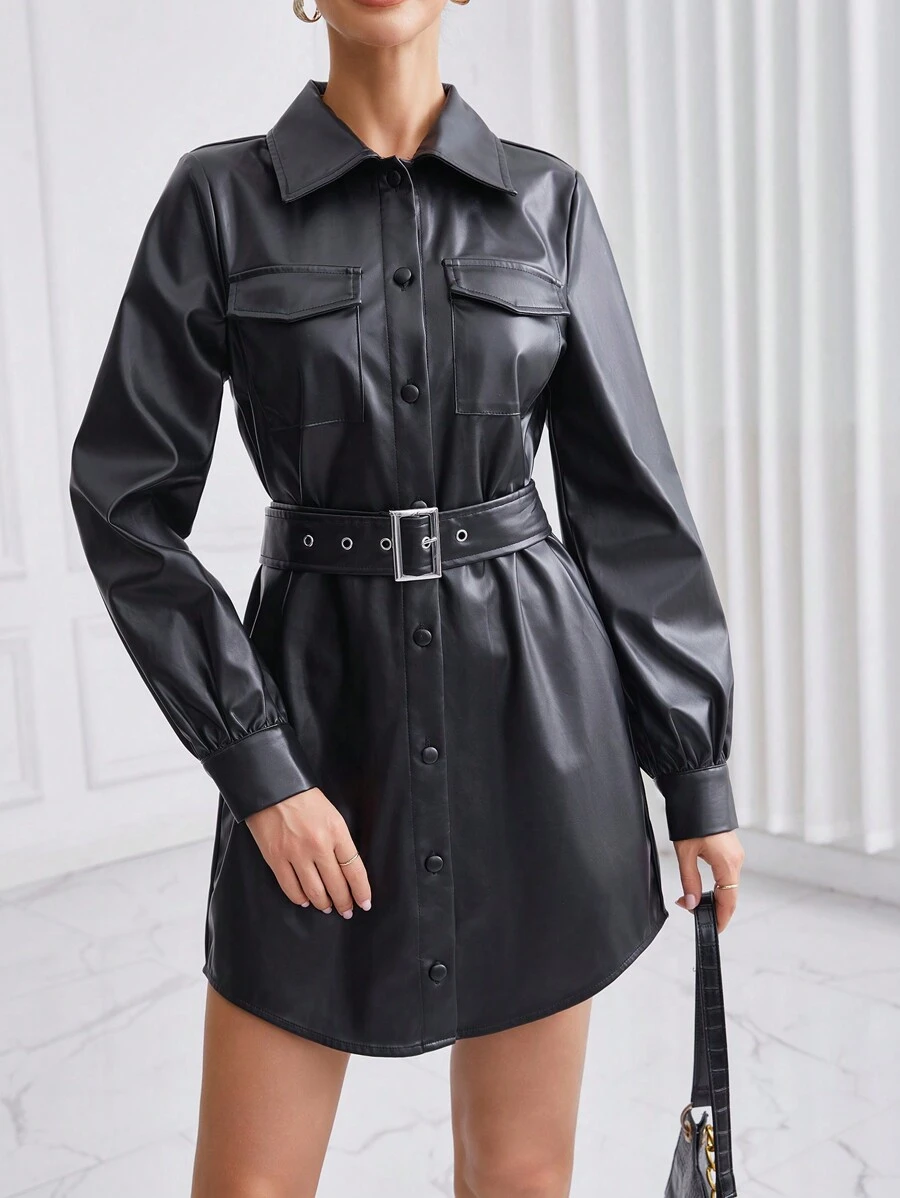 SHEIN Privé Da giả Quay xuống Vòng cổ Nút phía trước Váy có thắt lưng Với túi - màu đen - Xem 1