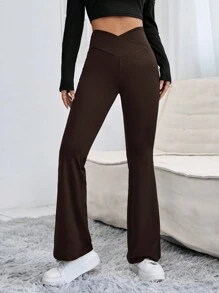 SHEIN PETITE Wrap Waist Flared Long Pants - Coffee Brown - View 1