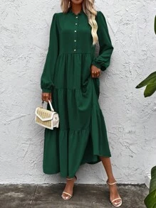 SHEIN Clasi Green Lantern Sleeve Button Half Placket Midi Dress - Green - View 7