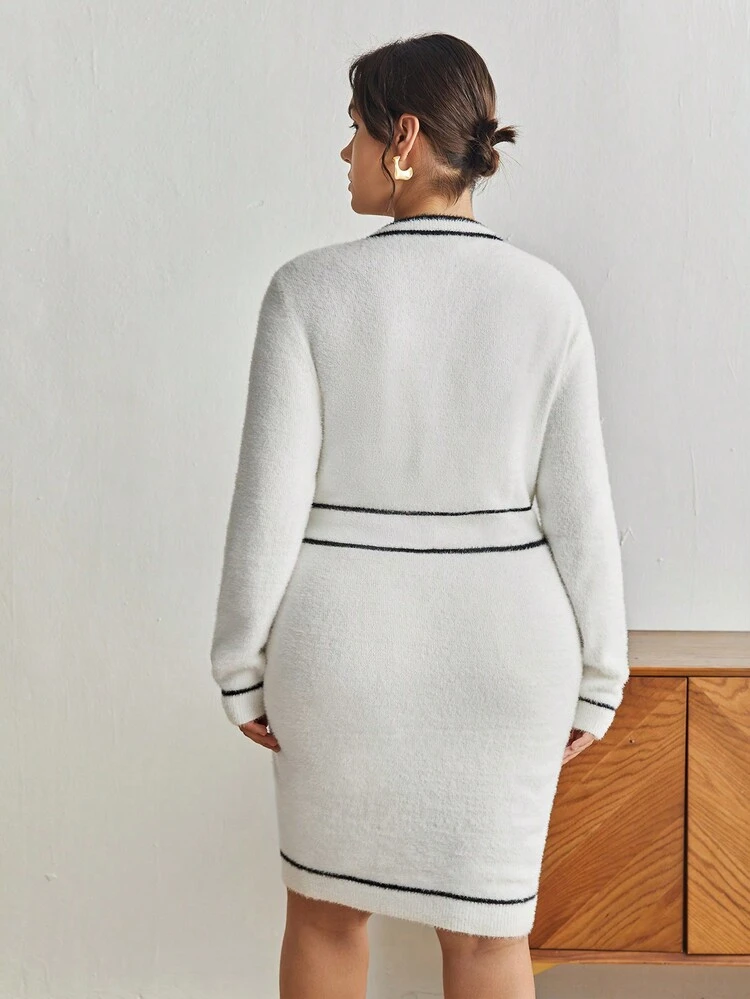 Women's Plus Size Color Block Buttoned Slim Fit Sweater Dress With Rolled Edges