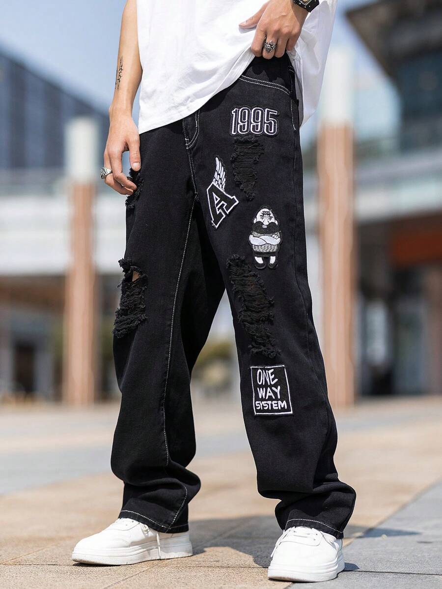 Manfinity Roghcode Men Cotton Cartoon Letter Patched Ripped Jeans Baggy Long Frayed Jean Cargo Plain Black Party Street Wear Rapper - Black - View 1
