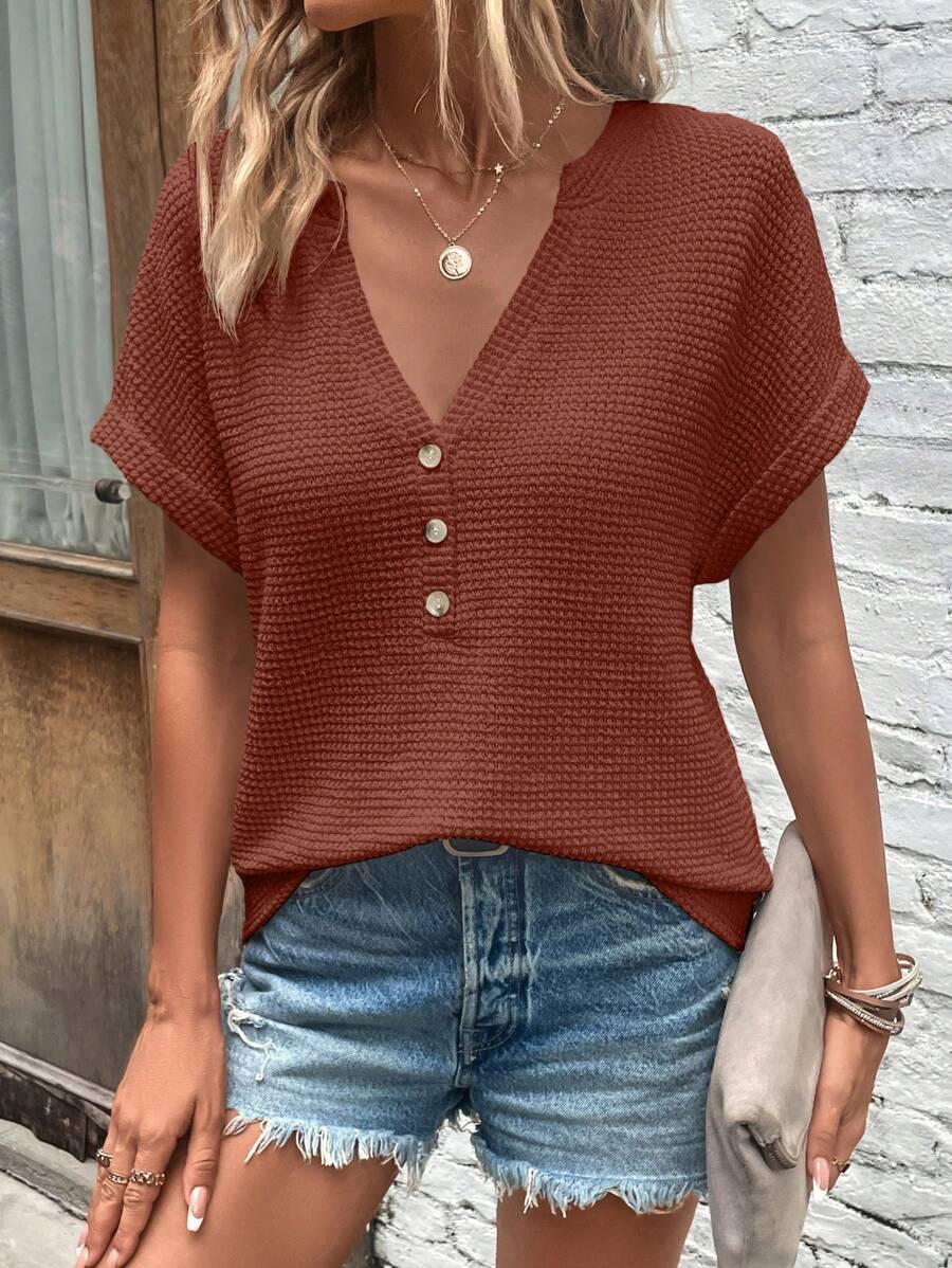 SHEIN LUNE 純色深v領短袖t卹 - 鏽棕色 - 查看 1