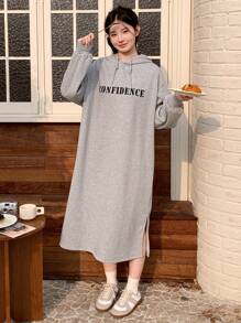 Dazy Star Letter Graphic Drop Shoulder Drawstring Hoodie Dress - Light Grey - View 7