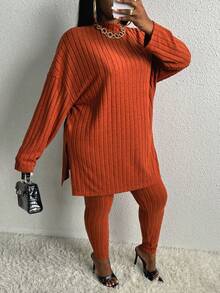 Slaydiva Hơn Cổ giả Thả vai Viền chia cắt Áo thun và Leggings - màu nâu - Xem 6