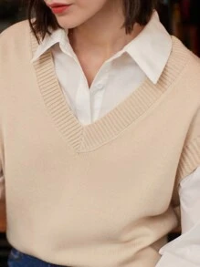 SHEIN Frenchy Women's V-neck Sweater Vest - Khaki - View 2