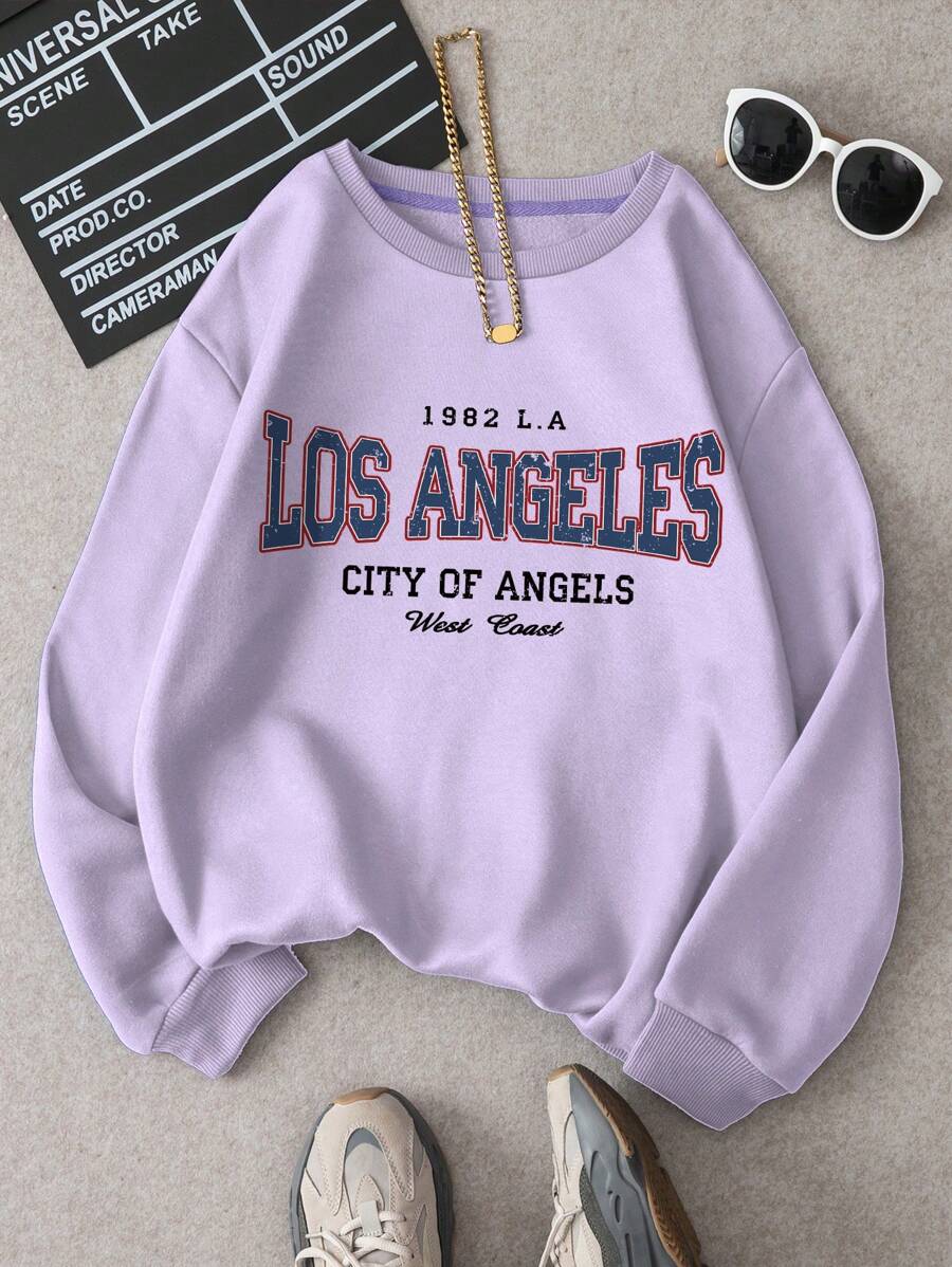 SHEIN EZwear 字母印花保暖襯裡衛衣 - 紫丁香色 - 查看 1