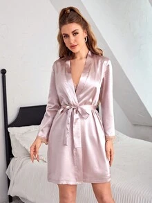 女用蕾絲拼接吊帶連身裙,配腰帶和睡袍套裝 - 粉色 - 查看 6