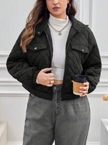 SHEIN Essnce Plus Flap Detail Drop Shoulder Quilted Coat - Black - View 1