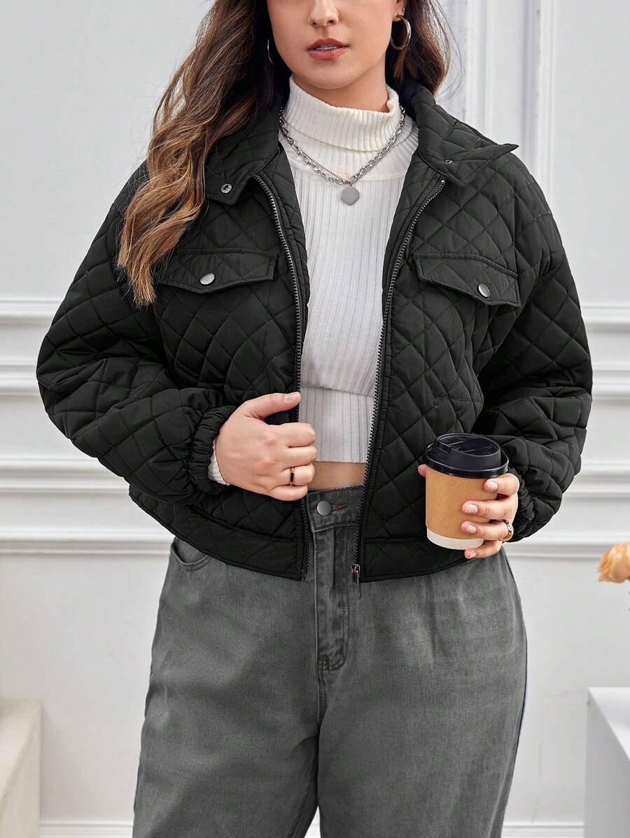 SHEIN Essnce Plus Flap Detail Drop Shoulder Quilted Coat - Black - View 1