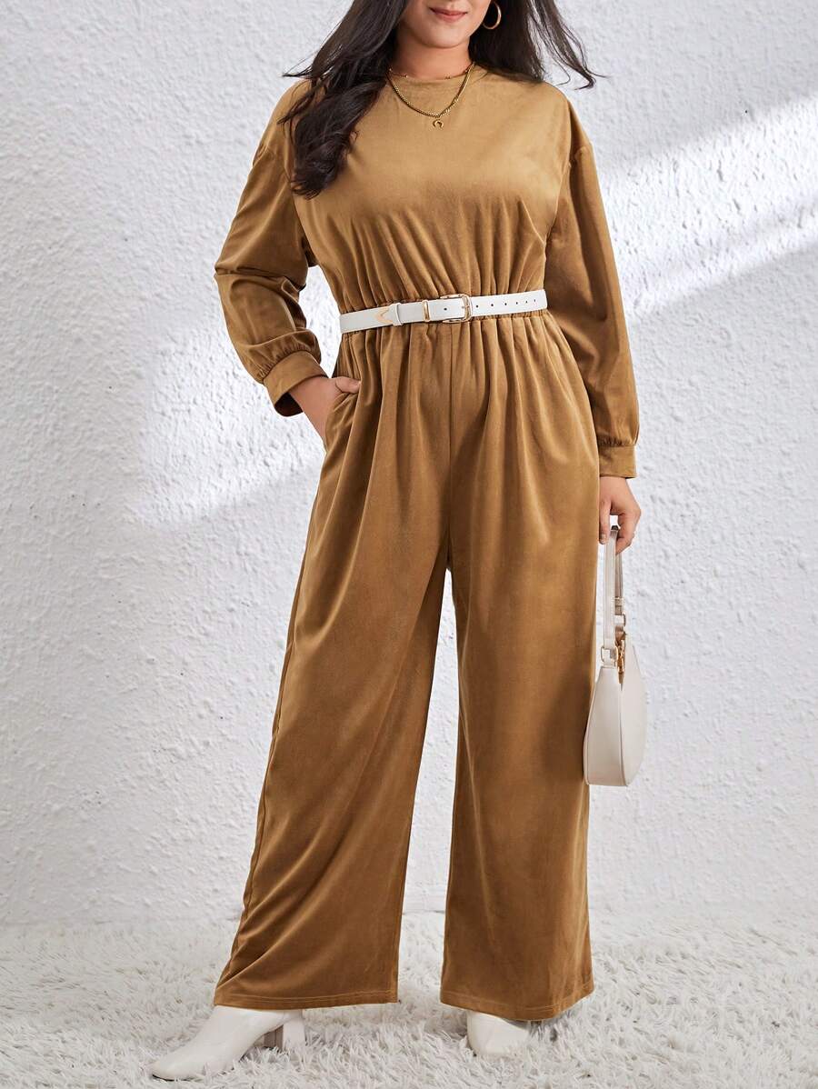 SHEIN Essnce Plus Size Velvet Loose Jumpsuit - Khaki - View 1