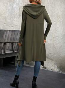 Drawstring Hooded Sweatshirt With Short Front And Long Back Hem - Army Green - View 2