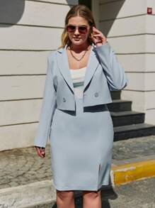 SHEIN Cottnline Plus Double Button Blazer & Split Hem Skirt - Baby Blue - View 1