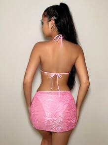 Swim SXY 女士花朵印花純色泳衣套裝 - 粉色 - 查看 2