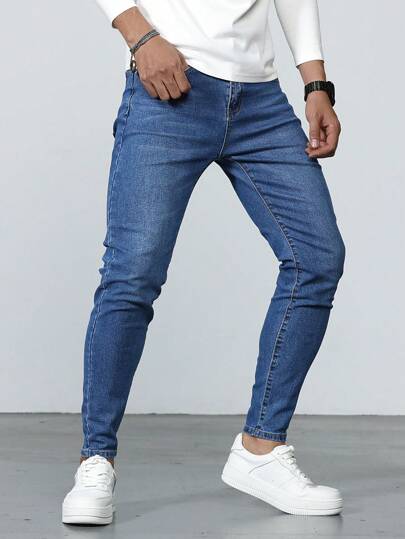 Manfinity Homme Slim Fit Jeans för män Långtvättad Mörk Tvätt Jean Cargo Plain Blue Work Basic Man