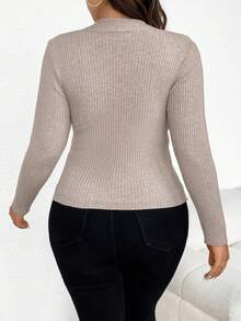 SHEIN Frenchy Plus Size Women's Sweater With Mock Neck Design - Khaki - View 2
