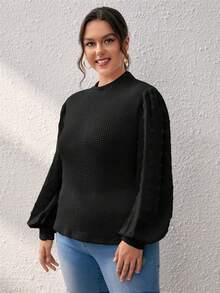 SHEIN Frenchy Plus Swiss Dot Lantern Sleeve Mock Neck Top - Black - View 5