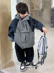 SHEIN Tween Boys' Contrast Color Hooded Casual Warm Coat For Autumn And Winter - Grey - View 1