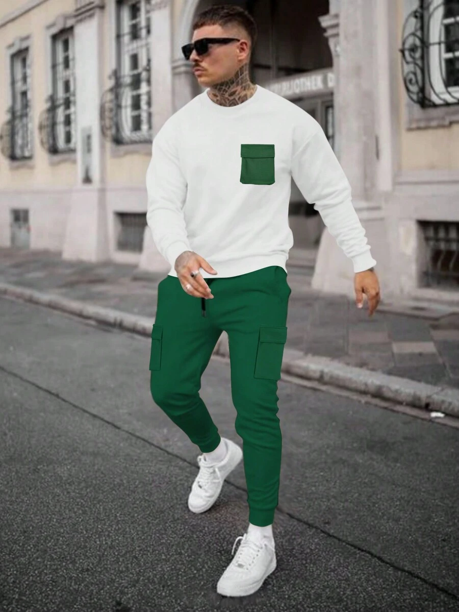 Manfinity LEGND Men Contrast Pocket Sweatshirt & Cargo Pants - Green - View 1